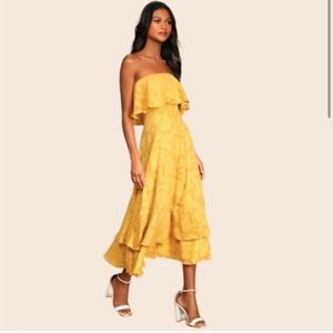 Lulu's Love You So Truly Yellow Burnout Floral Strapless Midi Dress Size Large
